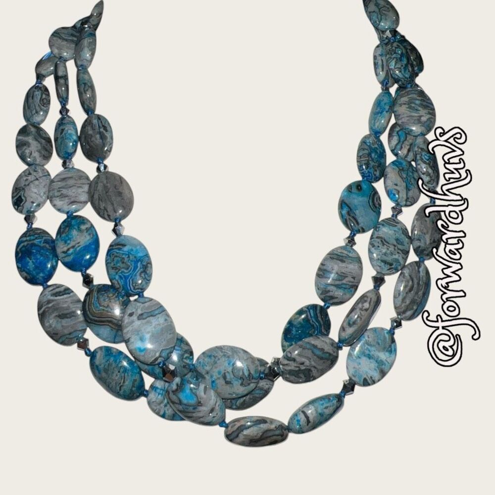 Triple Strand Polished Blue Agate Stone Necklace